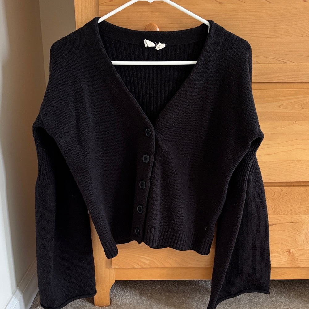 Anthropologie Black Bell Sleeve Wool Blend Cardigan Sweater